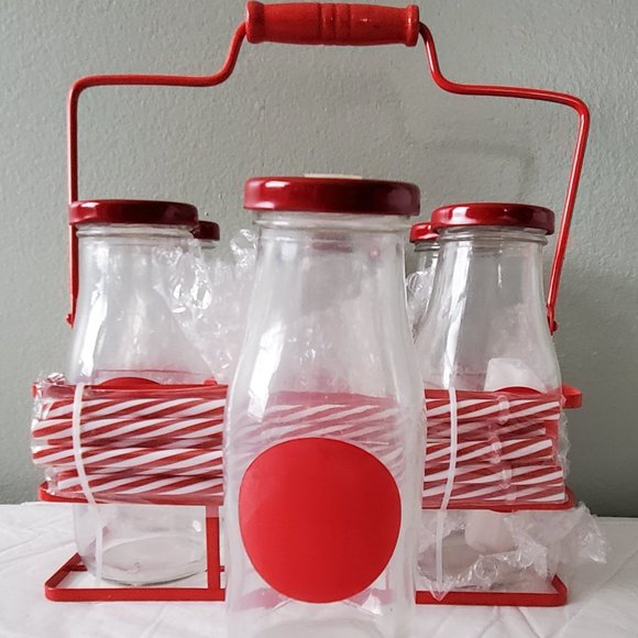 Pier 1 Six Chalk Milk Bottles w/ Straws and Holder - Picture 1 of 7